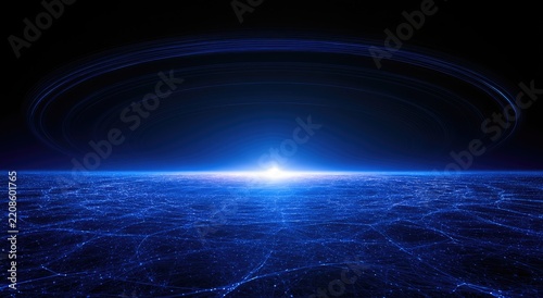 Abstract Digital Landscape with Glowing Horizon and Futuristic Light Effects.