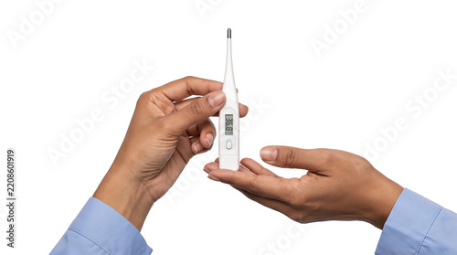Digital thermometer held upright between two hands showing a clear body temperature reading in PNG format isolated with transparent background