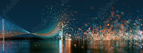 Abstract Digital Wave Background with Glowing Particles and Bokeh Effects.