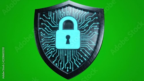 Futuristic smart city model encased in a glowing digital security dome against a green screen.
