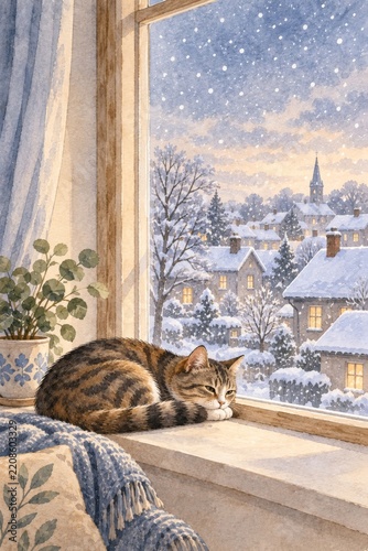 Watercolor cat sleeping on a cozy windowsill with view of snowy winter village. tranquil kitty in serene winter landscape, peaceful holiday scene
