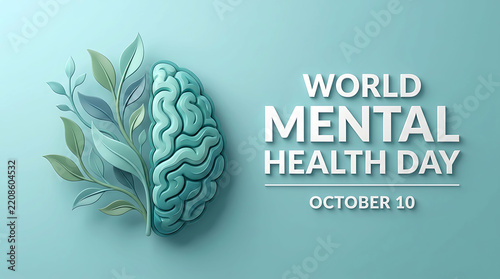 World Mental Health Day concept illustration with brain and plant leaves