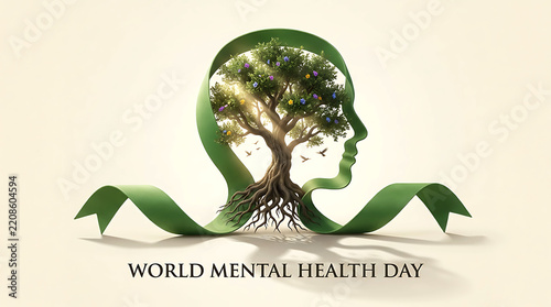 World Mental Health Day concept with a human head and growing tree illustration