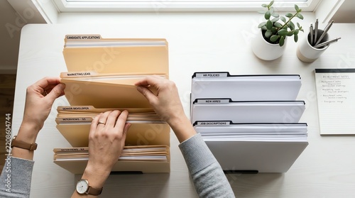 Top view of hands organizing administrative paperwork and manila file folders on a white desk in a bright office environment