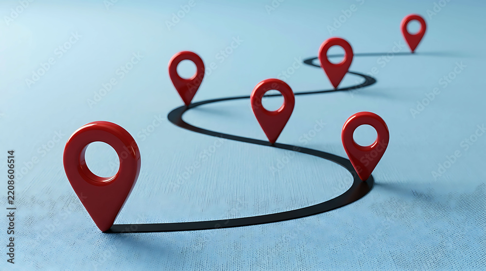 Fototapeta premium 3D Map Navigation Route with Red Pins on a Blue Background Concept