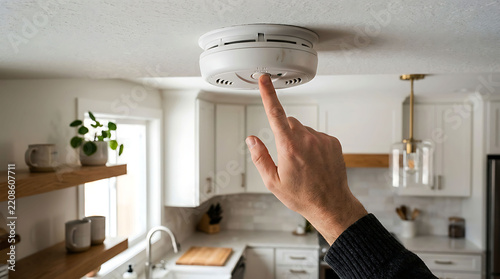 Person testing home smoke detector safety alarm on the kitchen ceiling