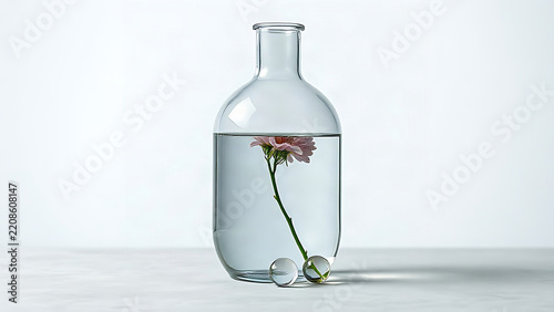 Glass carboy with flower stem and marbles on table, transport planning concept