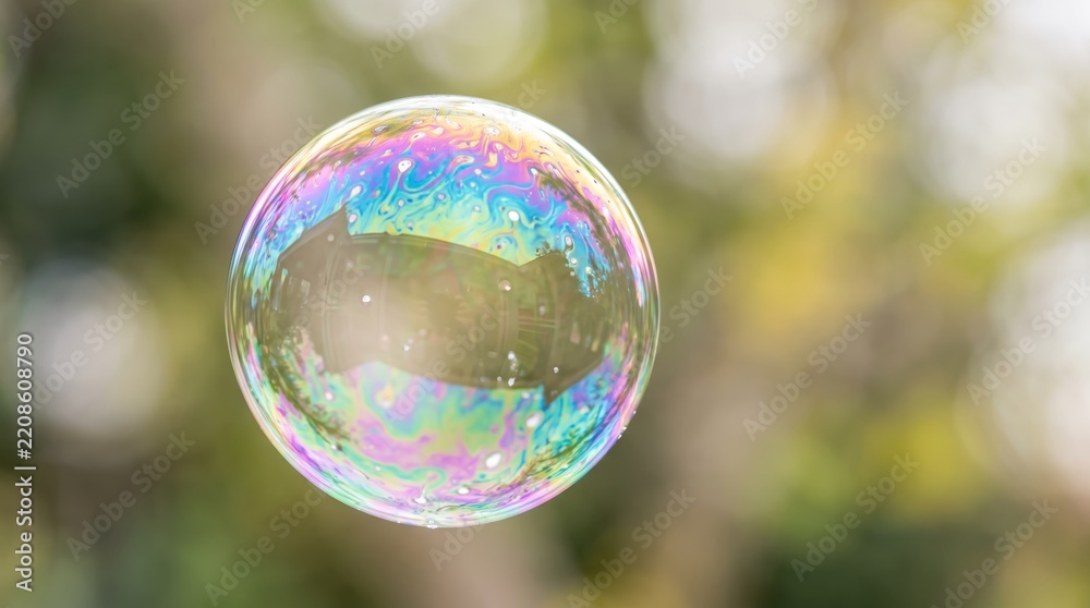 Obraz premium Colorful soap bubble floating outdoors with rainbow reflection. Summer nature, childhood fun, delicate beauty, fantasy dream, light refraction, transparency, peace and joy