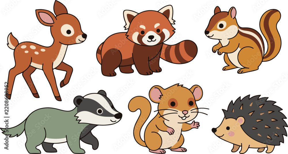 Obraz premium Cute Woodland Animal Collection Featuring Deer Red Panda Squirrel Badger Chipmunk and Hedgehog Character Illustrations