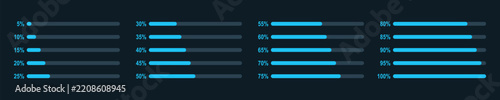 Blue statistics column horizontal graph 5%-100%. Digital modern info flat design interface illustration infographic elements for app ui ux web banner button vector isolated on dark background