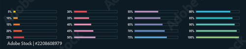Colourful statistics column horizontal graph 5%-100%. Digital modern info flat design interface illustration infographic elements for app ui ux web banner button vector isolated on dark background