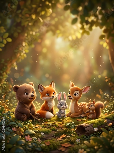 Group of Cute 3D Forest Animal Cubs Sitting on Mossy Ground