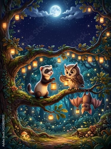 3D Nocturnal Animals with Glowing Lanterns on a Tree Branch at Night