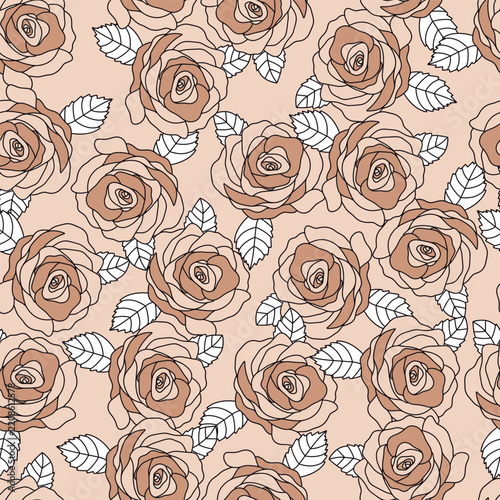 Neutral Outlines Roses Vector Seamless Pattern