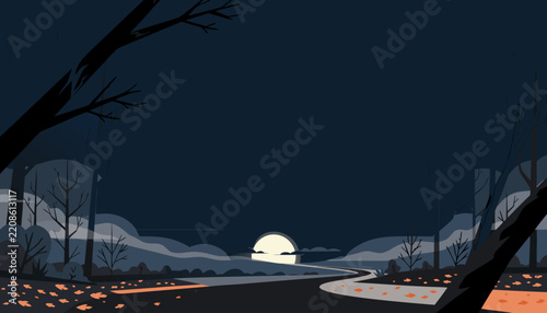 Vector illustration of a night landscape featuring a large glowing moon on the horizon beyond a winding path, dark tree silhouettes, scattered fallen leaves, and soft cloudy skies.
