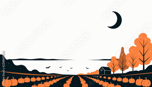 High-contrast vector illustration of rows of orange pumpkins in a field at night beneath a crescent moon, with autumn trees, a small shed, and bats flying over a calm water shoreline.