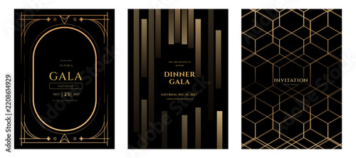 Set of luxury black and gold dinner gala invitation card templates featuring elegant art deco frames, geometric patterns 2027, and stylish decorative borders for formal events.