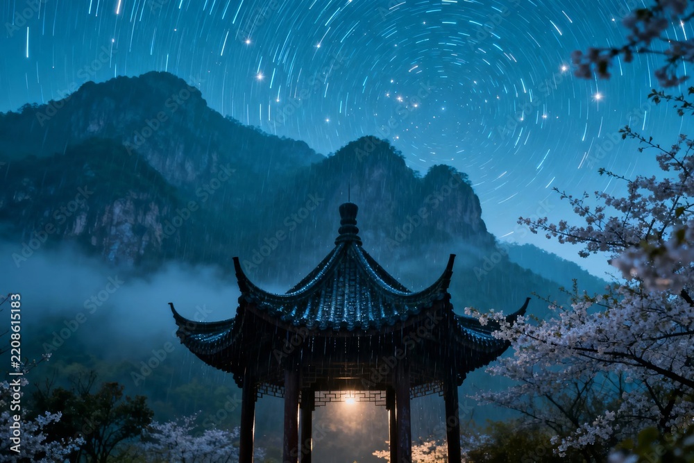 Obraz premium Traditional pavilion under star trails with mountains and cherry blossoms at night