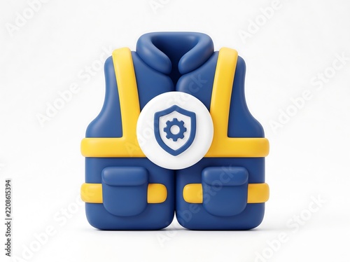 3D Safety vest with protective gear shield icon for industrial construction safety equipment workwear