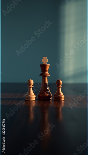 Generative AI three chess pieces arranged on a wooden surface with a teal background