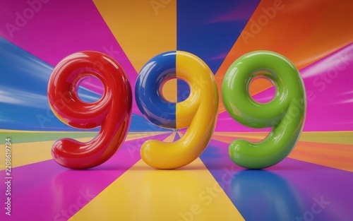 Three glossy number nine balloons on a vibrant multi-colored radial background