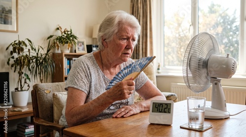 Elderly woman struggling with extreme heatwave indoors using a fan and hand fan with thermometer showing 40.2 degrees Celsius