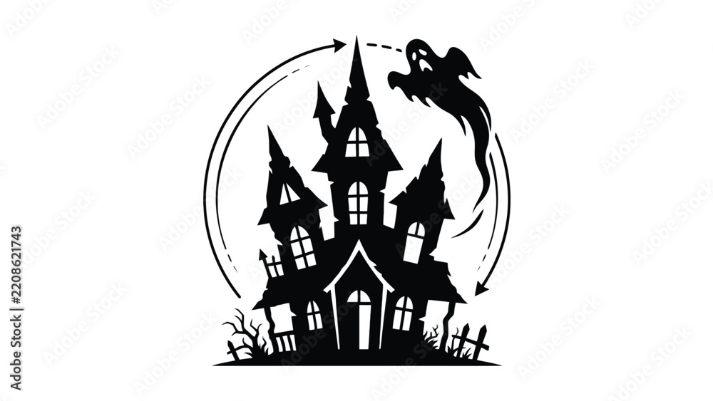 Fototapeta premium Haunted castle silhouette featuring gothic architecture, spooky flying ghost, and curved circular arrows graphic design