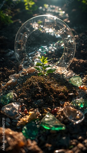 Generative AI young plant growing through a crystal ball amidst natural environment