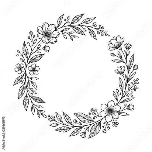 Hand Drawn Floral Wreath Frame Vector Line Art Illustration On White Background