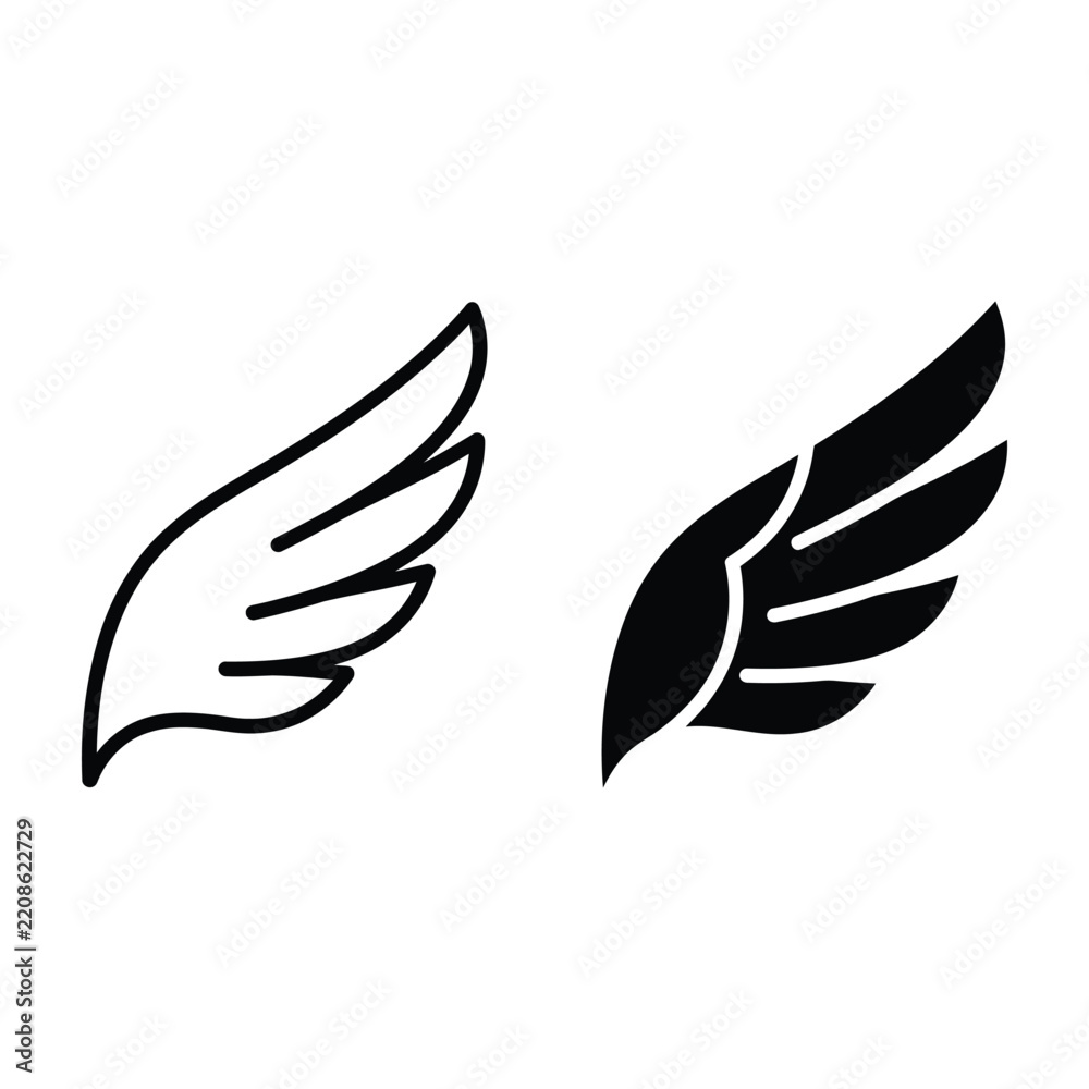 Obraz premium A pair of bird wing icons featuring a stylized feathered presented in both thin black outline and solid black filled formats
