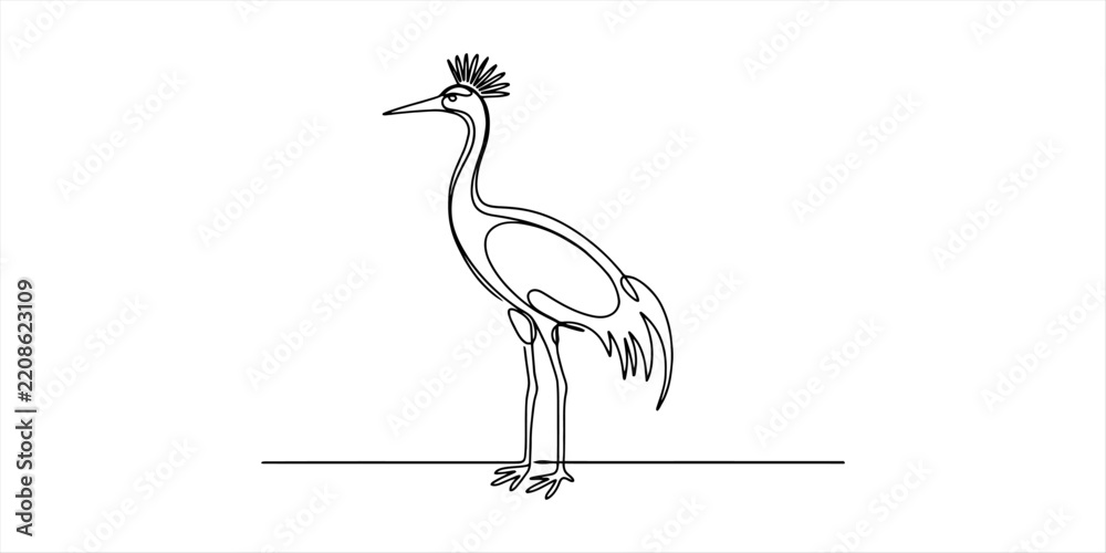Obraz premium Continuous single line drawing of a crowned crane bird standing in a simple artistic minimal style
