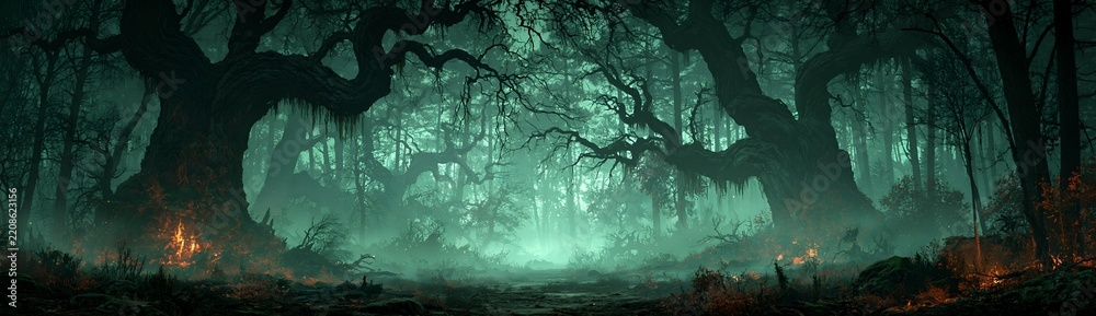 Obraz premium Misty forest glows with eerie green light.