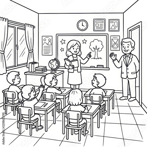 Teacher and students in classroom coloring page