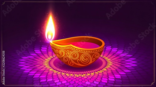 Diya lamp with glowing flame and decorative pattern on purple background