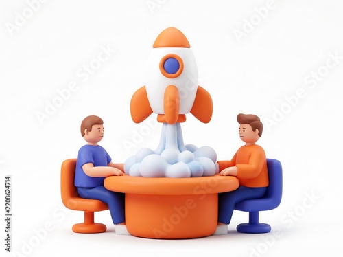 3D Business team launching a rocket from a conference table representing startup growth with business