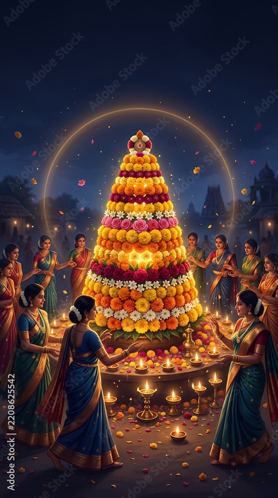 Fototapeta premium Indian women celebrating Bathukamma festival with floral cone