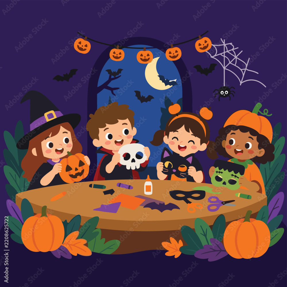 Fototapeta premium Halloween Craft Activity with Kids Making Spooky Paper Masks