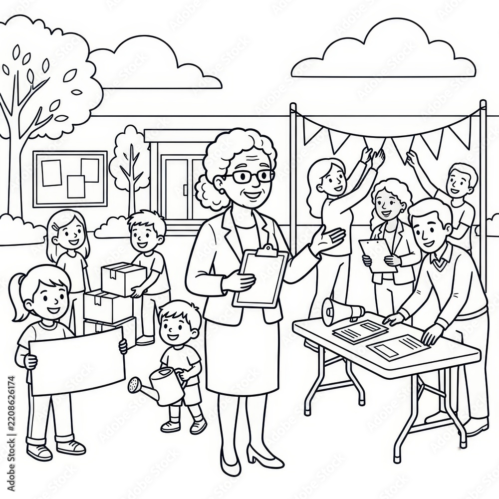 Obraz premium Community volunteers organizing event coloring page