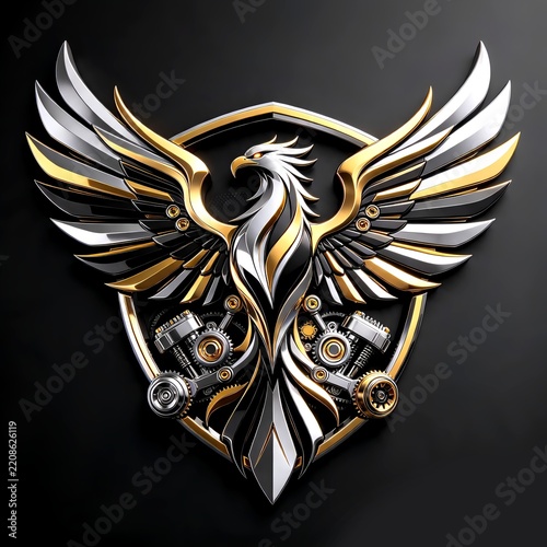 Metallic phoenix emblem in gold, silver, and black, symbolizing rebirth, strength, and technological fusion