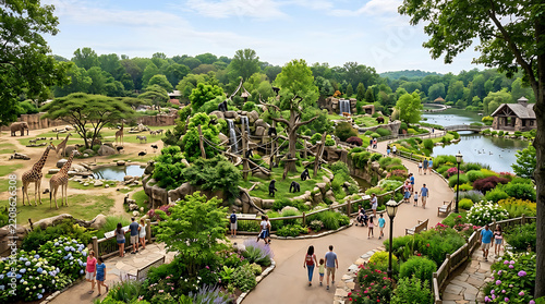 A panoramic view of a beautiful zoo with giraffes and visitors walking on paths.