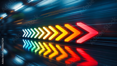Colorful glowing arrows showing forward motion and progress on a dark background