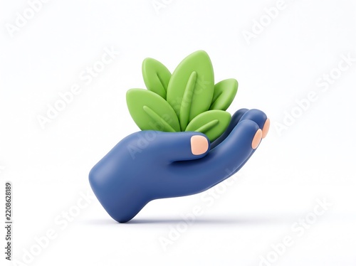 3D cartoon hand holding green eco leaves representing sustainable nature and environmental care