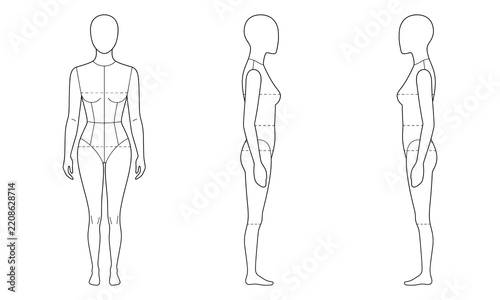 Set of women fashion croquis body measurement template vector CAD drawing for apparel flat sketch illustration