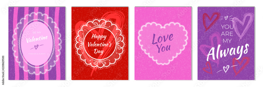 Obraz premium Valentine Day greeting card set, vertical pink and purple vector templates with lace doily frames, hearts and typography. Romantic holiday poster, invitation or social media layout.