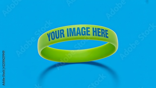 Green silicone wristband mockup with editable design area on blue background