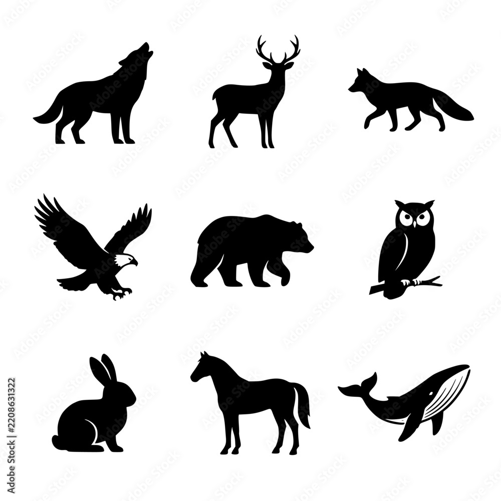 Fototapeta premium Black wildlife animal silhouettes vector collection