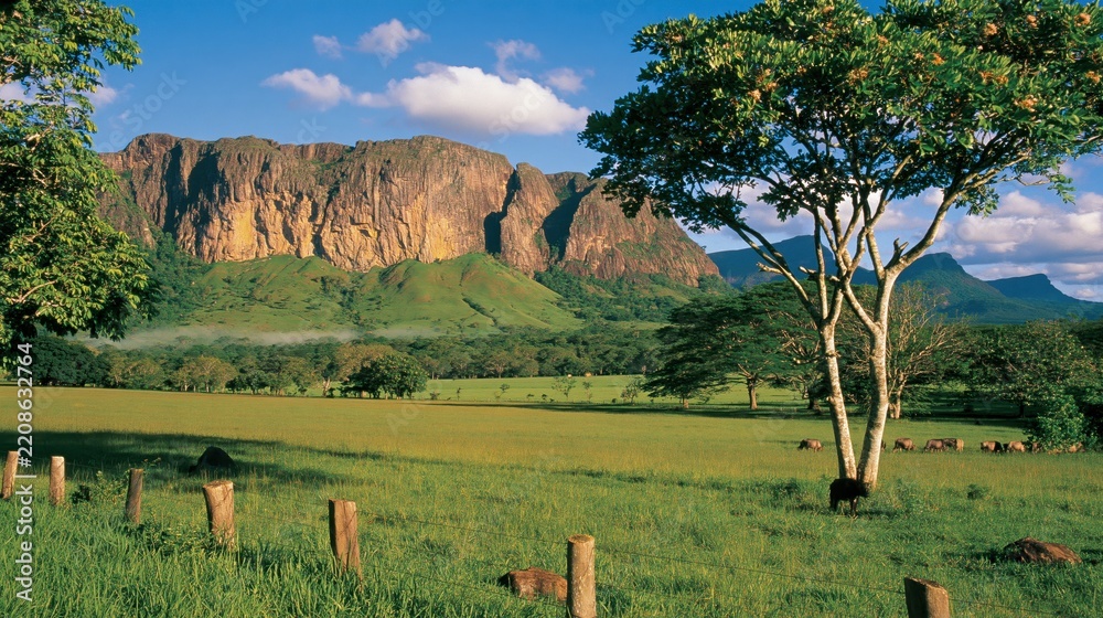 Fototapeta premium Vast Landscape with Mountains, Field, and Animals