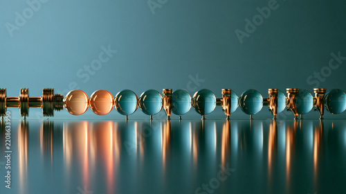 Polished camshaft of brass and teal spheres turning in a precise row above a mirror-like surface, with generous copy space