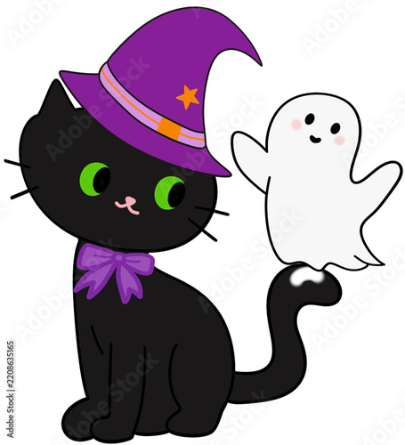 Cute Black Cat and Little Ghost for Halloween