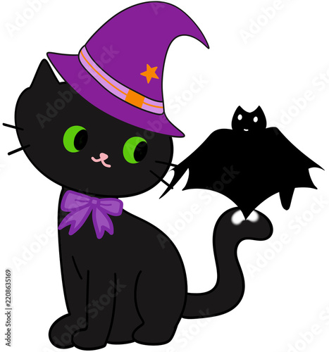 Black Cat Wearing a Halloween Hat with a Bat